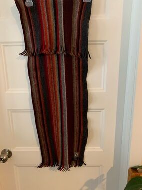 ORVIETO 100 % Wool Striped Fringe German Scarf in Burgundy, Rust, Gray